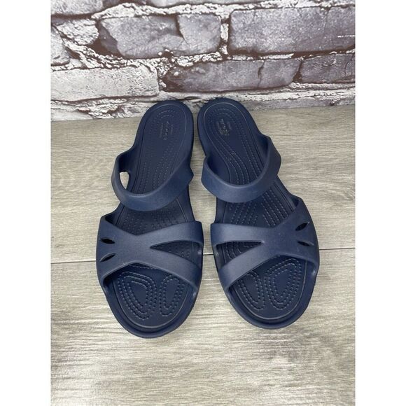 Crocs KELLI Iconic Comfort Navy Blue Slip On Slides Sandals Women Sz 10M US/41EU - Picture 2 of 16